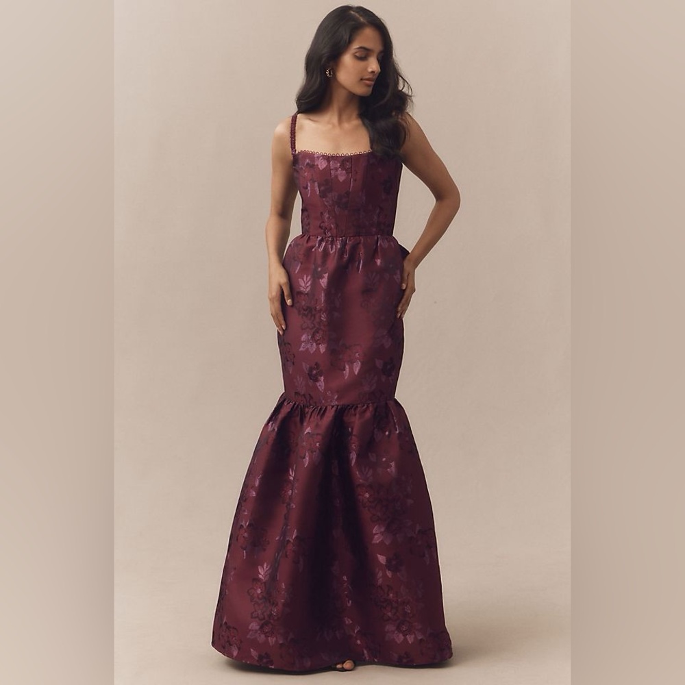 V. CHAPMAN CHERIE OFF-SHOULDER CORSET BROCADE MAXI DRESS